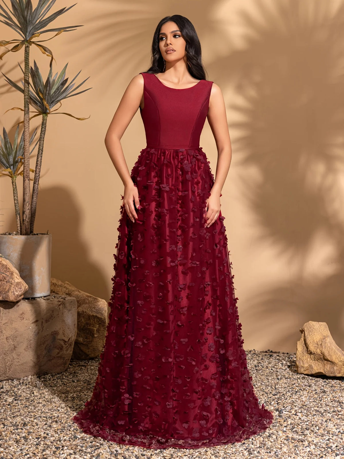 Maxy Satin round neck sleeveless flower embellishment A-line dress