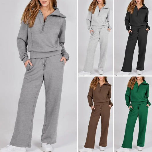 Oversized Sweatshirt Pants Set Women Two-piece Casual Suit Thick Loose Solid Color Tracksuit Set with Lapel Coat Wide for Fall