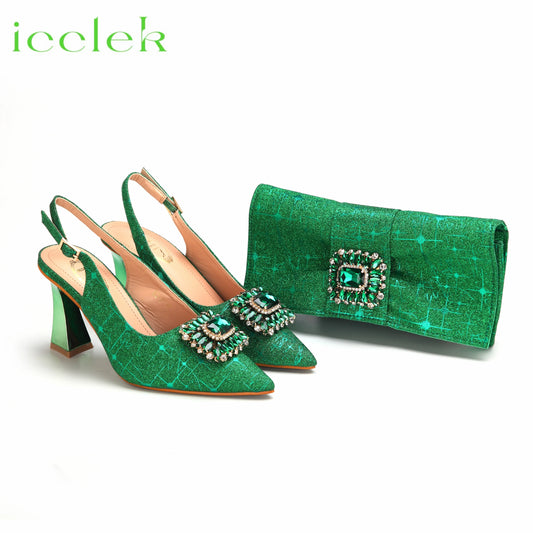 Max Women High Heels Sandals Shinning Material with Rhinestone Design Colorful Pointed Toe Shoes and Bags Set