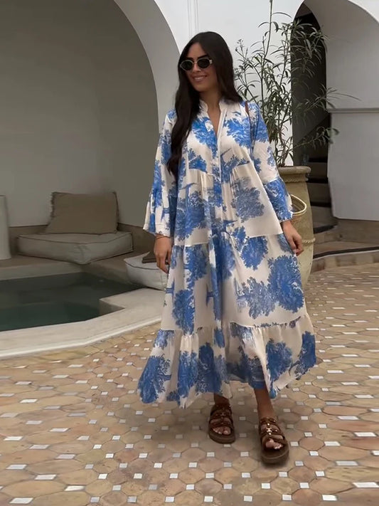 Maxy Plus Size Floral Print Dress V-Neck Button Front Flared Sleeve Summer Beach Vacation Boho Long Dresses Outfit For Woman
