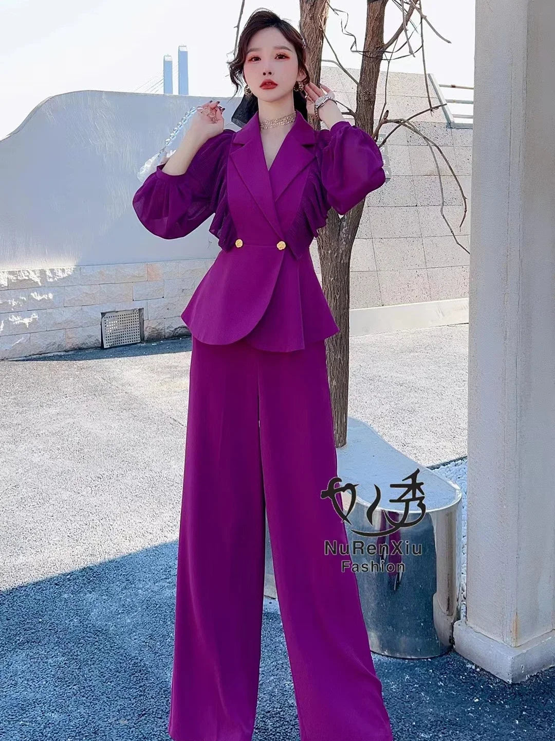 Temperament Suit Women Outfits 2023 Spring New Chiffon Ruffled Stitching Suit Coat High Waist Loose Wide Leg Pants Two-Piece Set