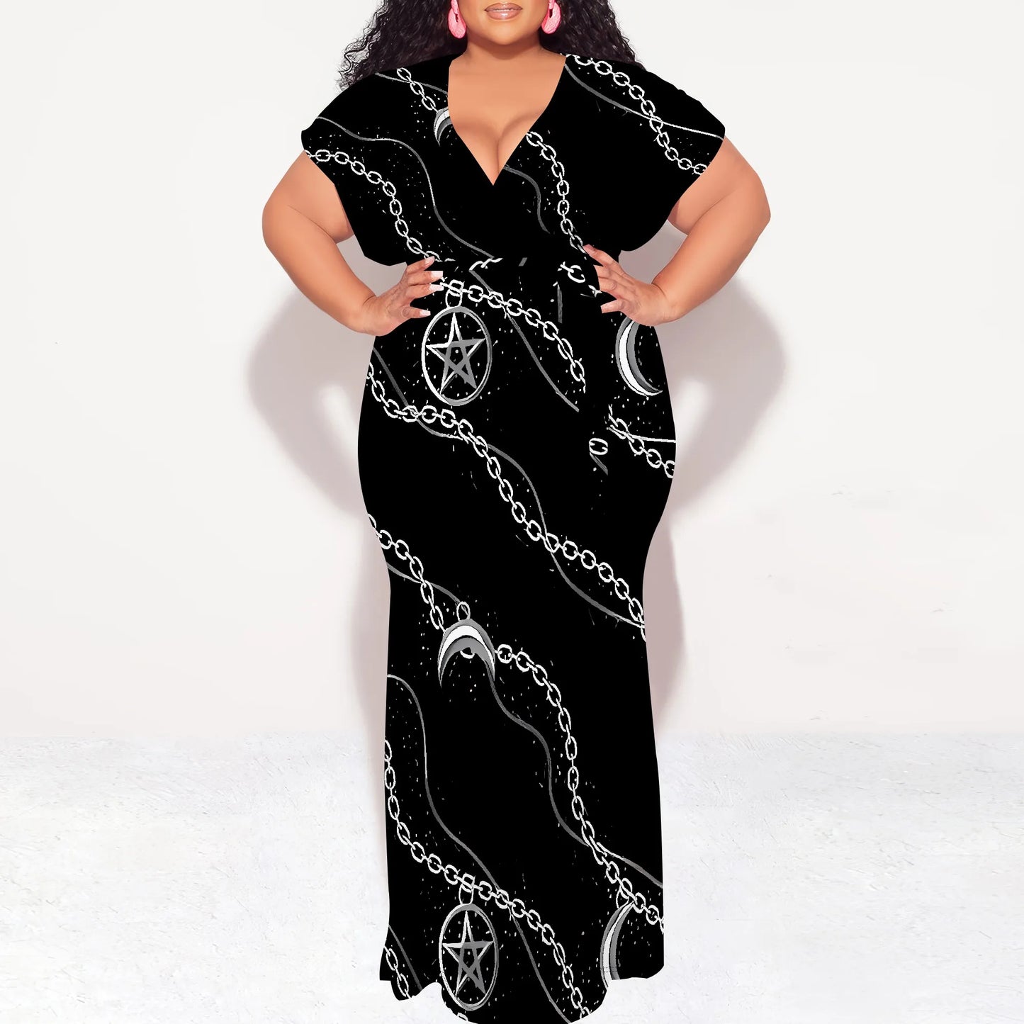 Maxy Plus Size Gothic Moon Chain Print V Neck Short Sleeve Maxy Dress for Halloween