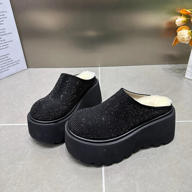 Babs Rhinestone Short Plush Women Mules Slippers Casual Cover Toe Ladies Comfort Outdoor Platform Flats House Cotton Shoes