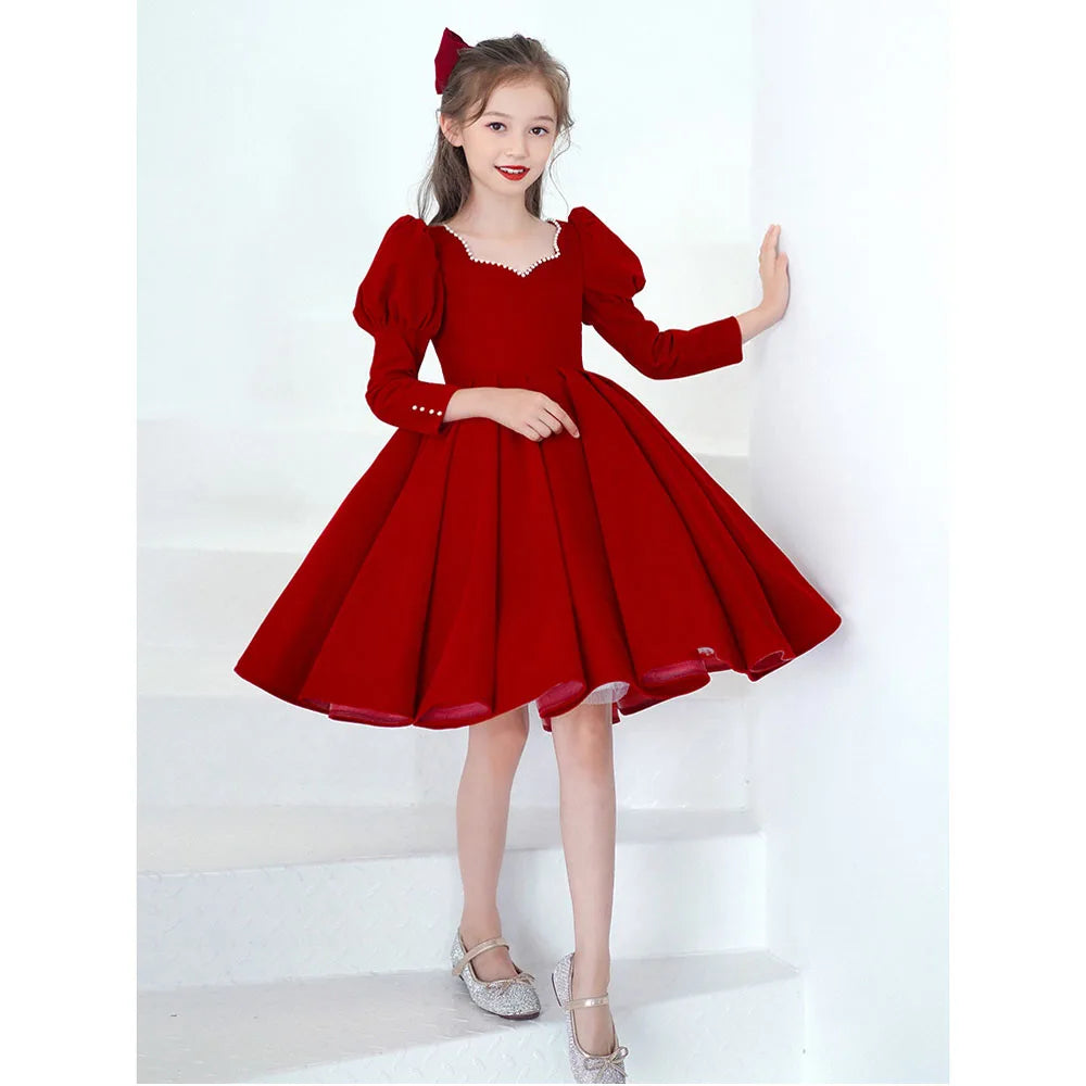 Maxy Princess Noble Princess Evening Dress Mesh Solid Red Ball Gown Children Christmas Party Dress Flower Girl Wedding Dress for 2-10 Year Kid