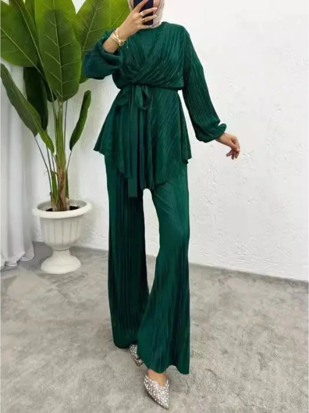 Two Piece Set Muslim Women Modest Top Wide Leg Pants Solid Suit Morocco Dubai Temperament Ensemble Arabic Elegant Outfits