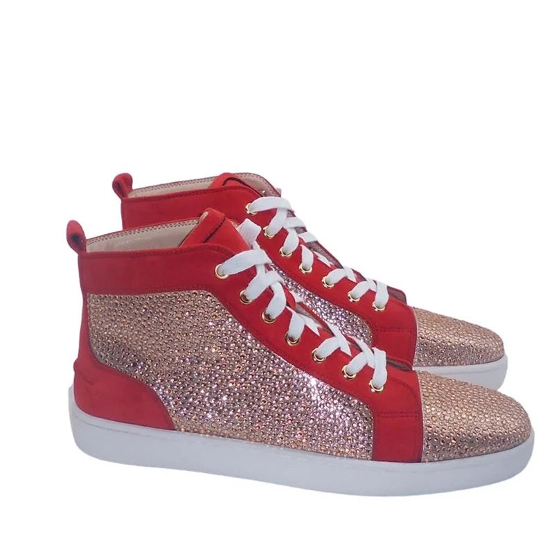 Visco Luxury Brand Red Men's Suede Shoes Fashion Bling High Top Rhinestone Sneakers Lace-up Crystal Men's Flats Casual Sneaker
