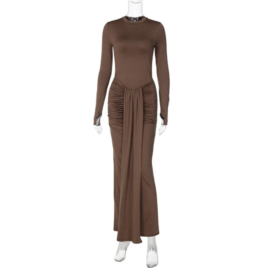 Maxy Fashion Woman Full Sleeve Bodycon Folds Long Maxy Dress Evening Party Outfit Office Lady Elegant Bandage Formal Occasion Dresses
