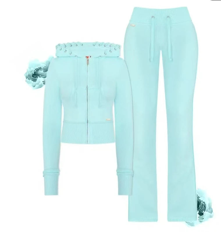 Maxy 2 Two Piece Lounge Set Women Clothing Elegant Tracksuit Drawstring Hoodie Zip Crop Jacket and Flared Pants Outfit Matching Sets