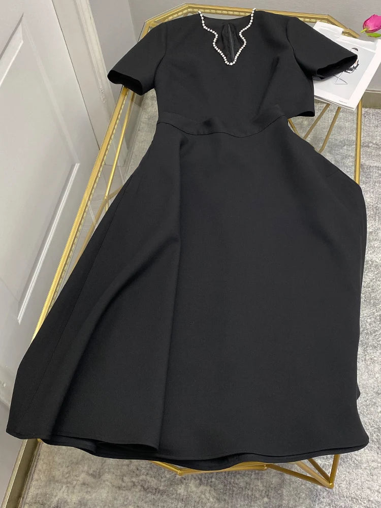 Maxy  Temperament spring new nail drill V-neck short-sleeved blouse+high waist A-shaped skirt elegant female two-piece suit