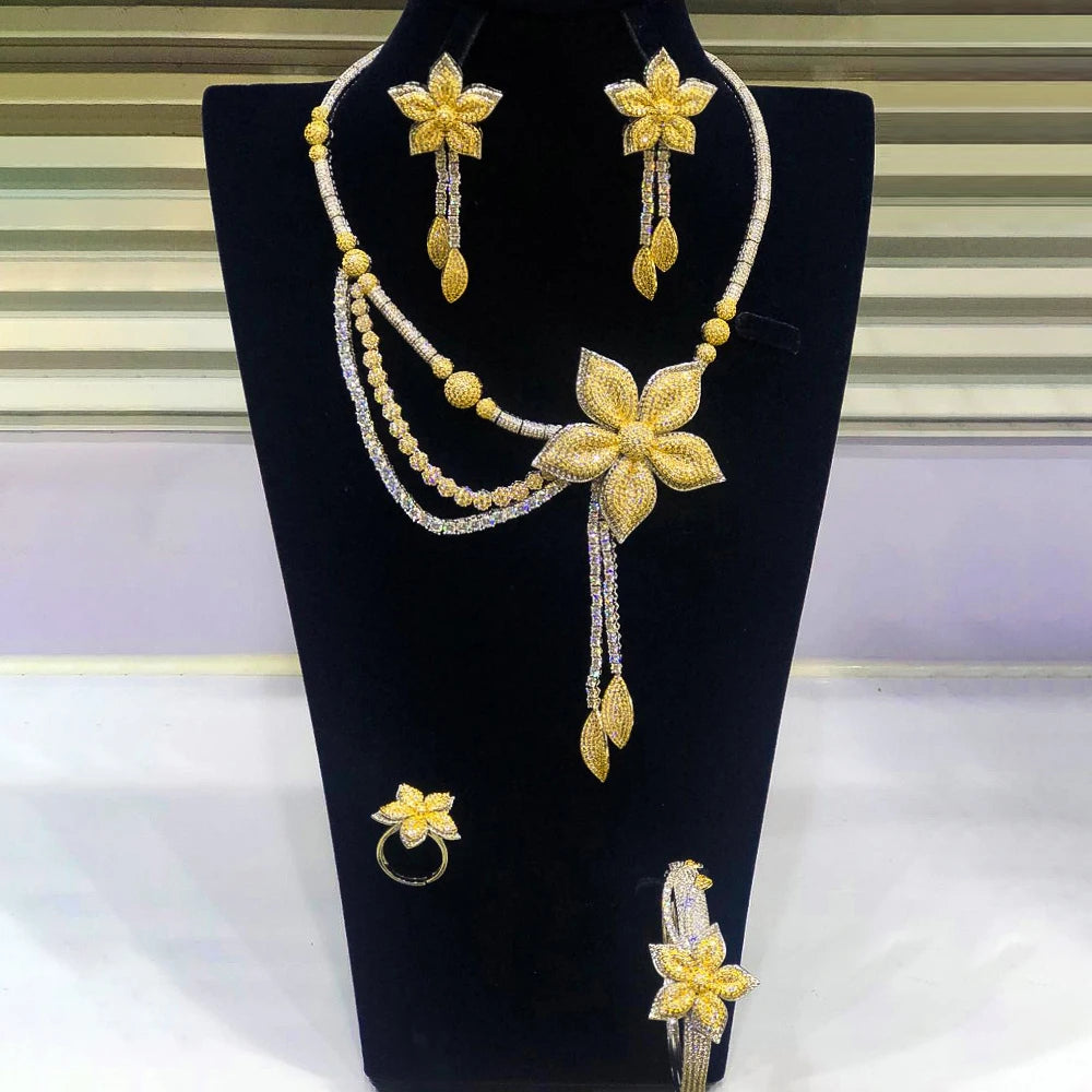 Amay Flower Tassel 4Pc African Jewelry Set for Women Wedding Luxury Indian Dubai Jewelry Set Cubic Zirconia Bridal Jewelry Sets