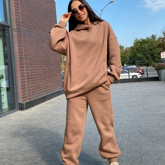 Maxy 2 Piece Sets Women Outfits Solid Color Simple Style Commuting Tracksuit Autumn Winter Warm Hoodies Top Suits Casual Sweatshirts