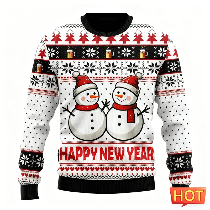 Maxy New Happy New Year Letters Sweatshirts Simple Fashion Holiday Wear 3D Printed Ugly Christmas Sweater Casual Oversized Tops