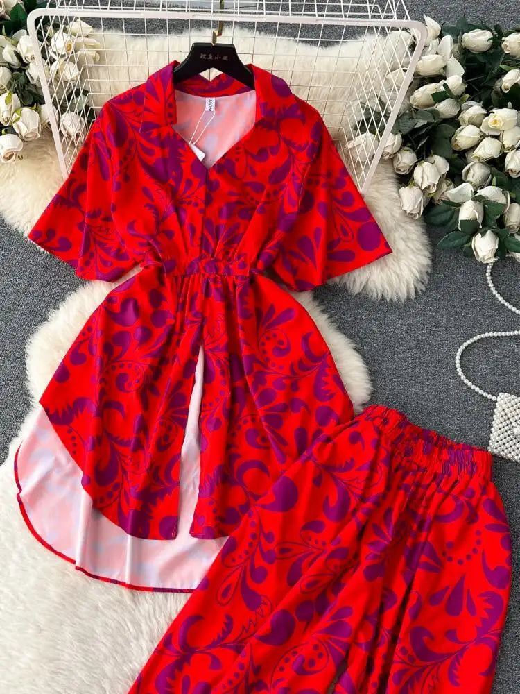 Maxy Fashion Floral Two Piece Set For Women Print Short Sleeve Lapel Tops+High Waist Wide Leg Pants 2 Pieces Sets Summer Suit