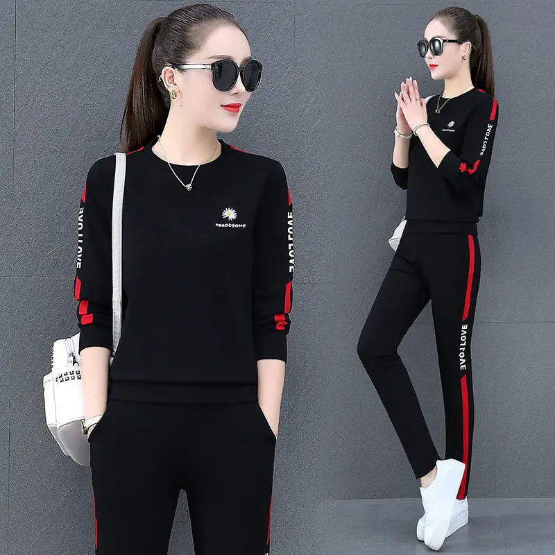 Maxy Summer New Daisy Loose Pants Suit Women's Track Korean Version Splicing Long Sleeved Top and Trousers Two Piece Set