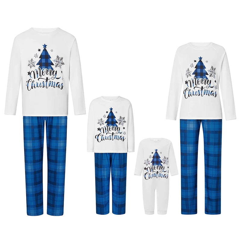 Max Family Matching Pajamas Loungewear Set Christmas Tree Letter Print Long-Sleeved Tops+Plaid Trousers Sleepwear Outfits