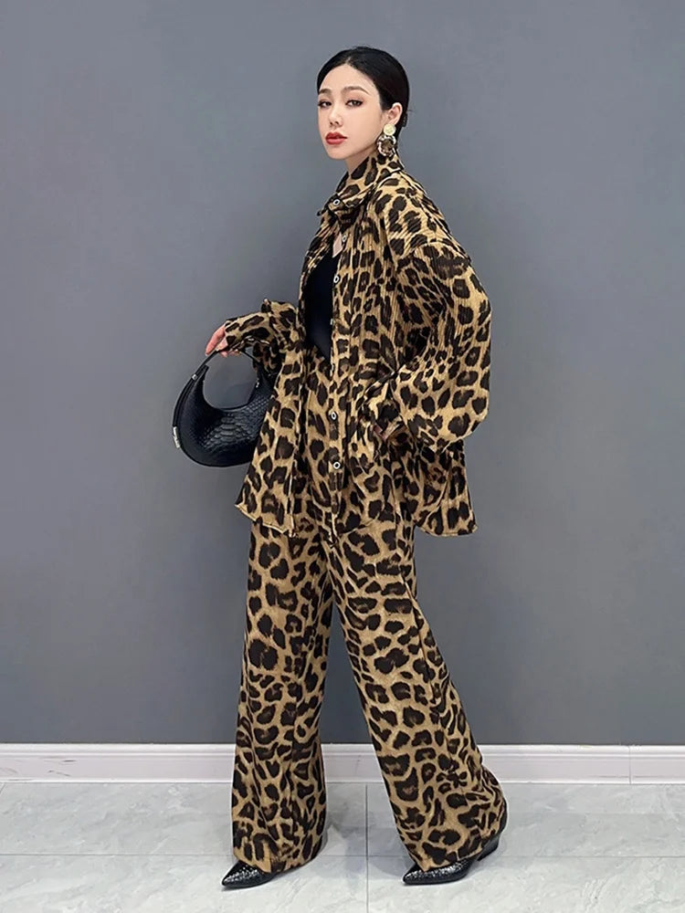 Babs SHENGPALAE 2 Pieces Sets Fashion Leopard Print Lapel Single Breasted Shirt Casual Straight Trousers Spring New Tide 5R5164