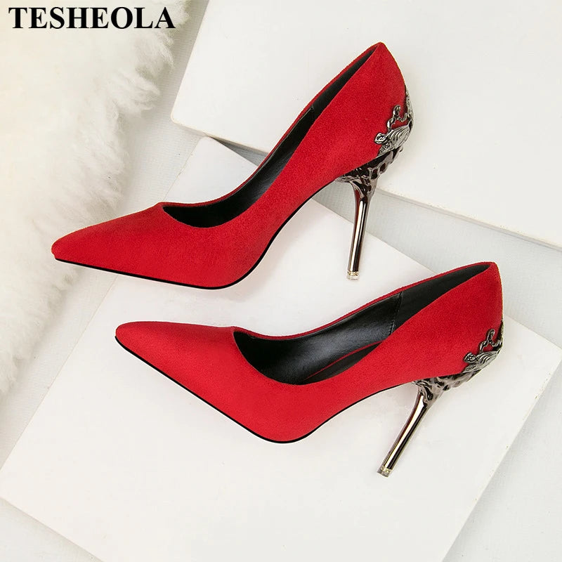 Amay new Women Carved Metal Heels Wedding Elegant Women Pumps Red Gold Solid Flock/PU Shallow Pointy Toe Dress High Heel Shoes Woman Autumn