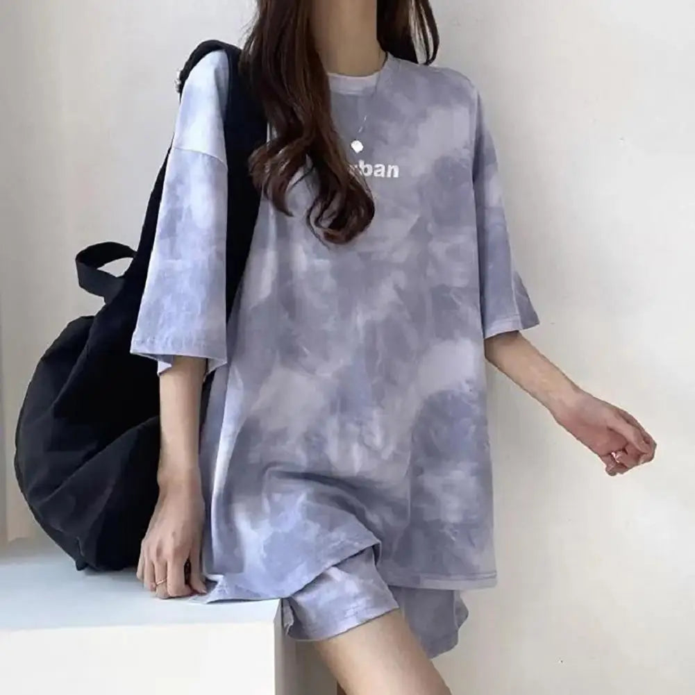 Maxy 2 Piece Suit Women T-Shirt Shorts Set Korean Fashion Tie Dye Loose Short Sleeve T-shirt And Wide Leg Set Students Sports Outfit