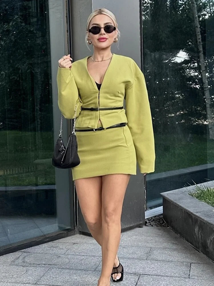 TRAFZA Elegant Women Green Skirt Suit V-Neck Belt Slim Long Sleeved Short Coat Top+Casual High Waist Side Zip Mini Skirt Mujer