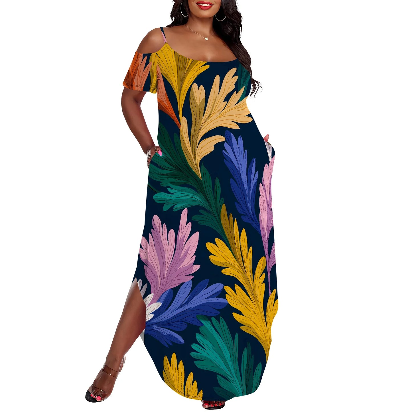 Maxy Plus Size Watercolor Tie Dye Dress Off Shoulder Loose Casual Summer Beach Sundress