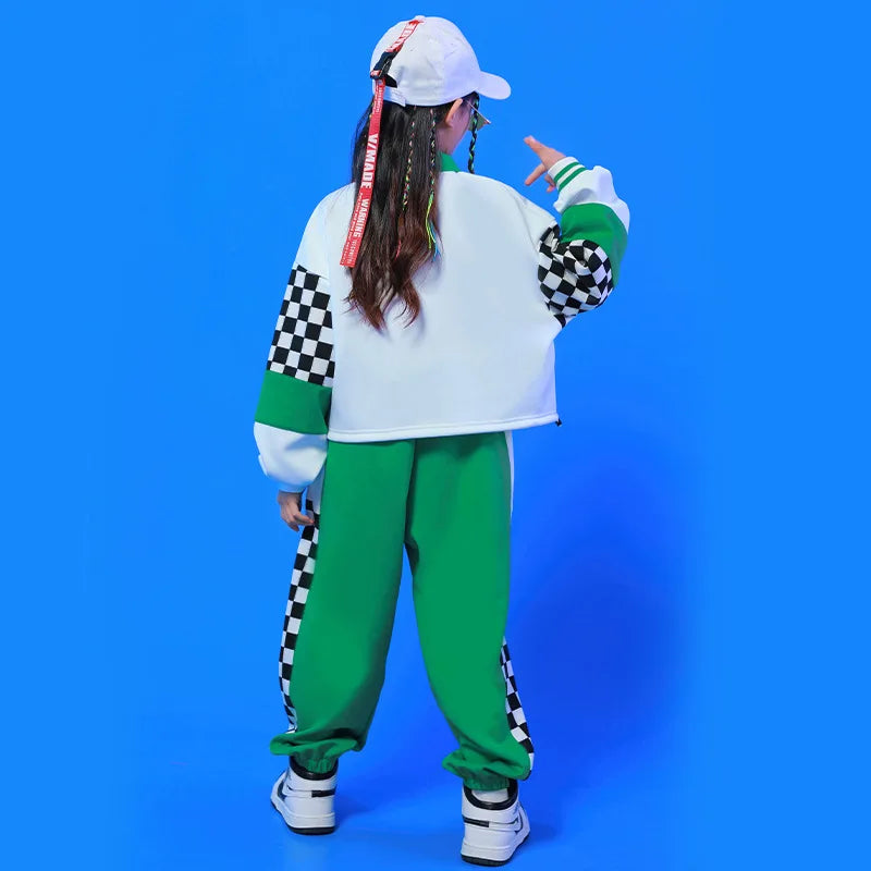 Maxy Kid Hip Hop Clothing White Green Polo Sweatshirt Checkered Casual Jogger Sweat Pants for Girl Boy Clothes Outfits