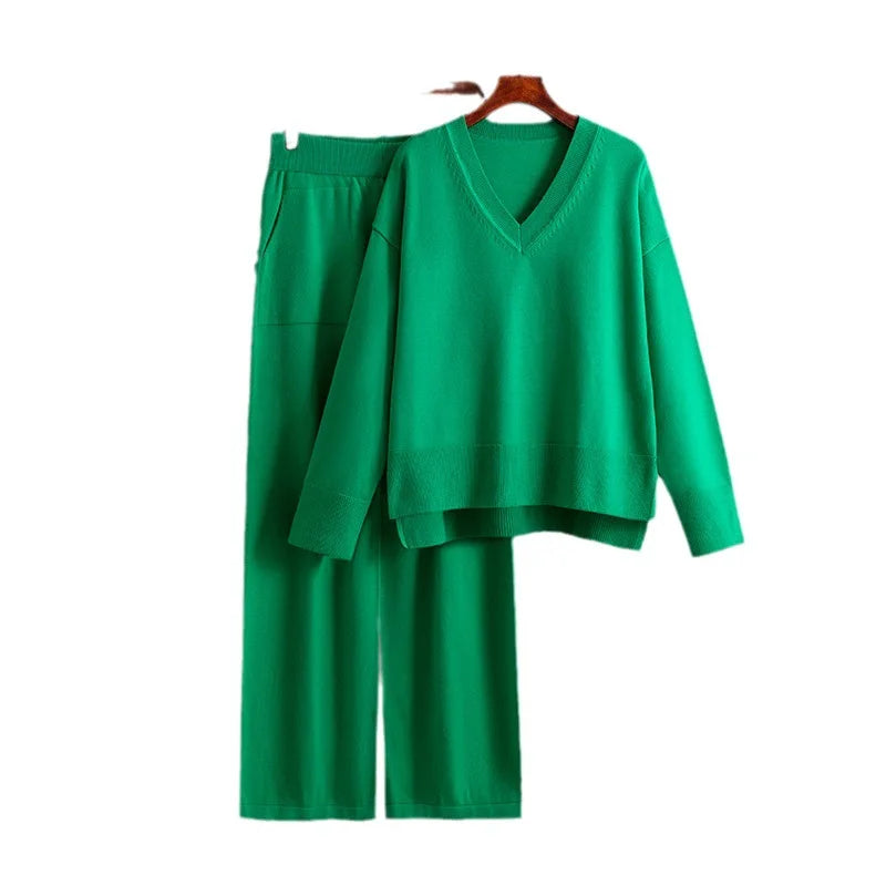 Macy Knit Sweater 2 Pieces Sets Women Loose V-neck American Tops Conjuntos Waist Ankle Length Wide Leg Pants Tracksuit E1136