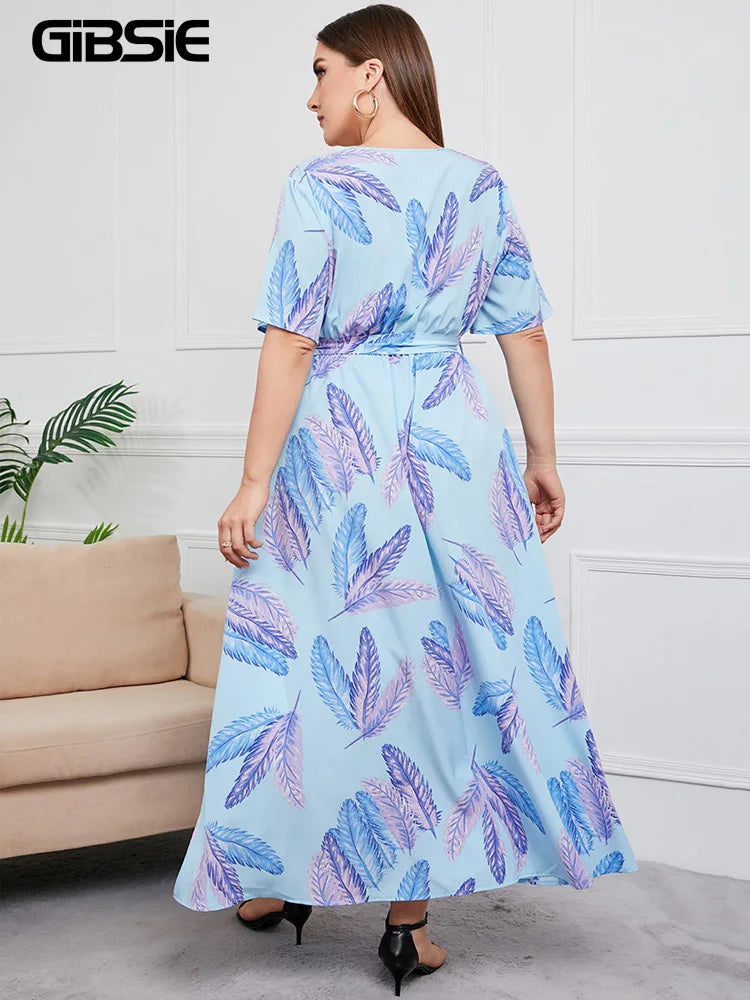 Gacy Plus Size V Neck Floral Print Boho Dress Women Summer Short Sleeve Maxy Dresses Holiday A-line Female Belted Dress
