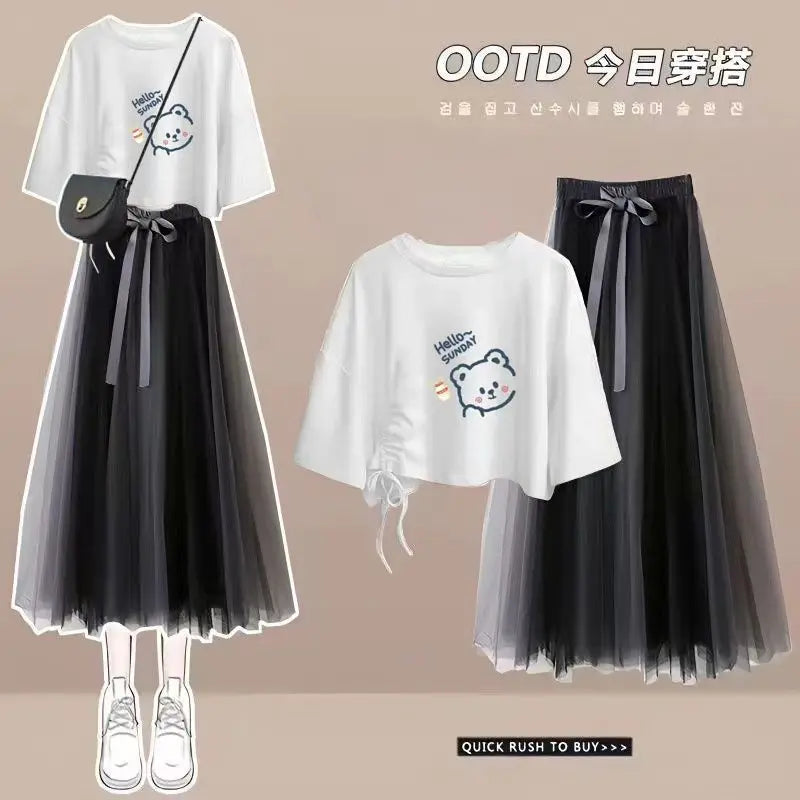 Maxy Summer New Korean Elegant Cute Short Sleeved T-shirt+Mesh Midi Skirt Two Piece Suit Women's Loose Top Dress Matching Set