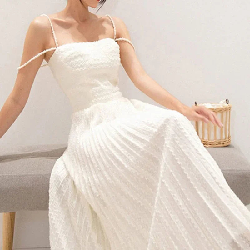 Maxy Vintage Strapped Spaghetti White Dress Elegant High Waisted Pleated Bodycon Dresses Luxury Sleeveless Streetwear Women Clothing