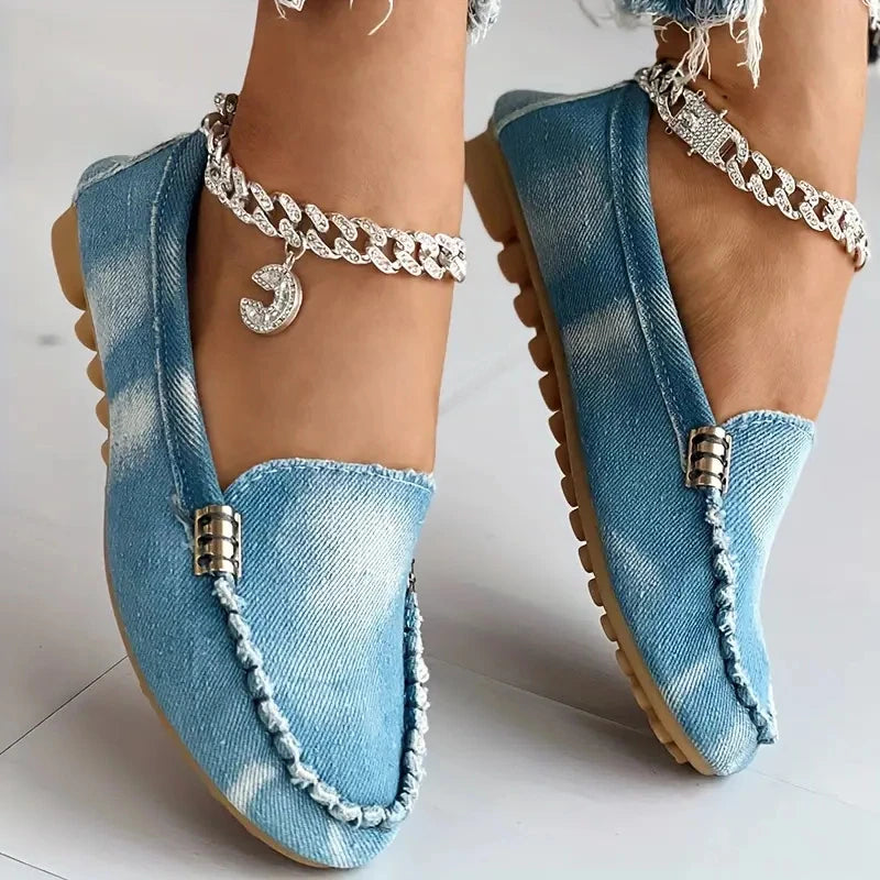Maxy New Women Casual Flat Shoes Spring and Autumn Flat Loafers Shoes Fashion Non-slip Soft Round-toe Denim Flat Sneakers Women