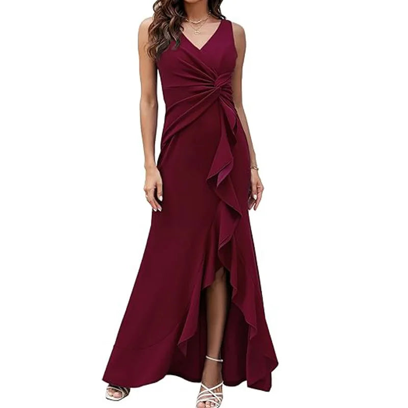 Maxy Elegant V-Neck Party Maxy Dress Women Fashion Sleeveless Ruffle Split Gown Prom Dress Ladies Slim Fit Tie Up Bodycon Gala Dress