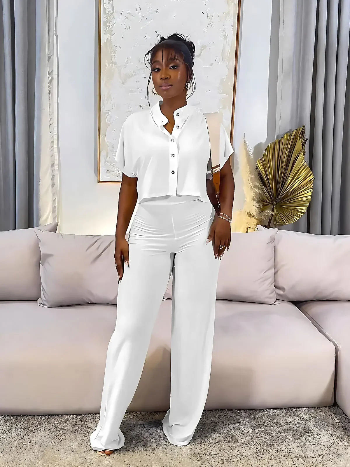 Maxy Street Fashion Women's Set Short Sleeve Shirt and Wide Leg Pants Two 2 Piece Set Outfit Tracksuit