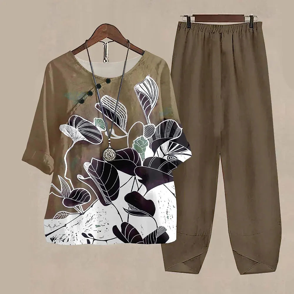 Maxy Leaf Printing Women O Neck Short Sleeve Suit Elegant High Waist Pants Fashion Top&Pants Set Casual Outfits Two Piece Sets Summer