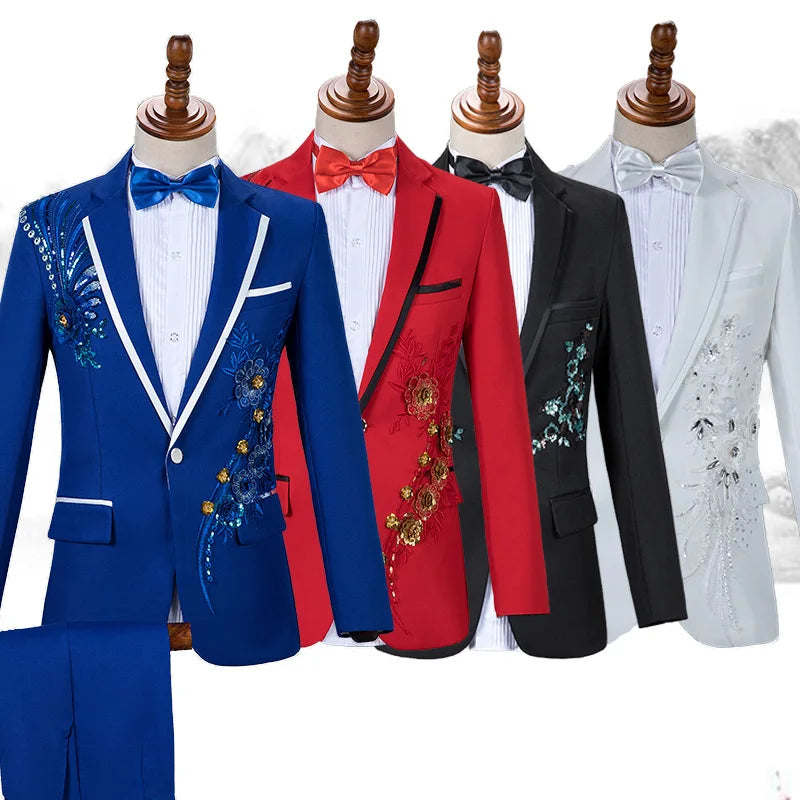 Amay Royal Blue Sequin Embroidery Suit Men Wedding Groom Tuxedo Suits Pants Mens One Button Peak Lapel Stage Costume Traje Hombre 2XL