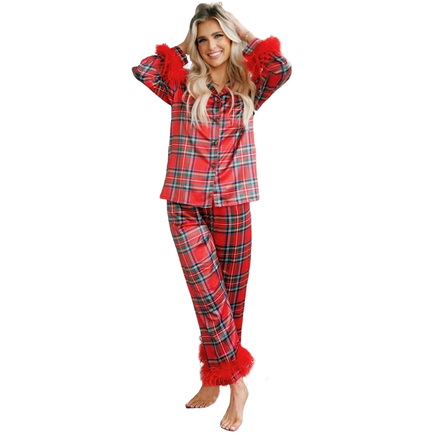 Zay Women's Pajama Set 2 Piece Feather Plaid Underwear Long Sleeve Lapel Button Up Shirt Tops and Pants Sleepwear Sets