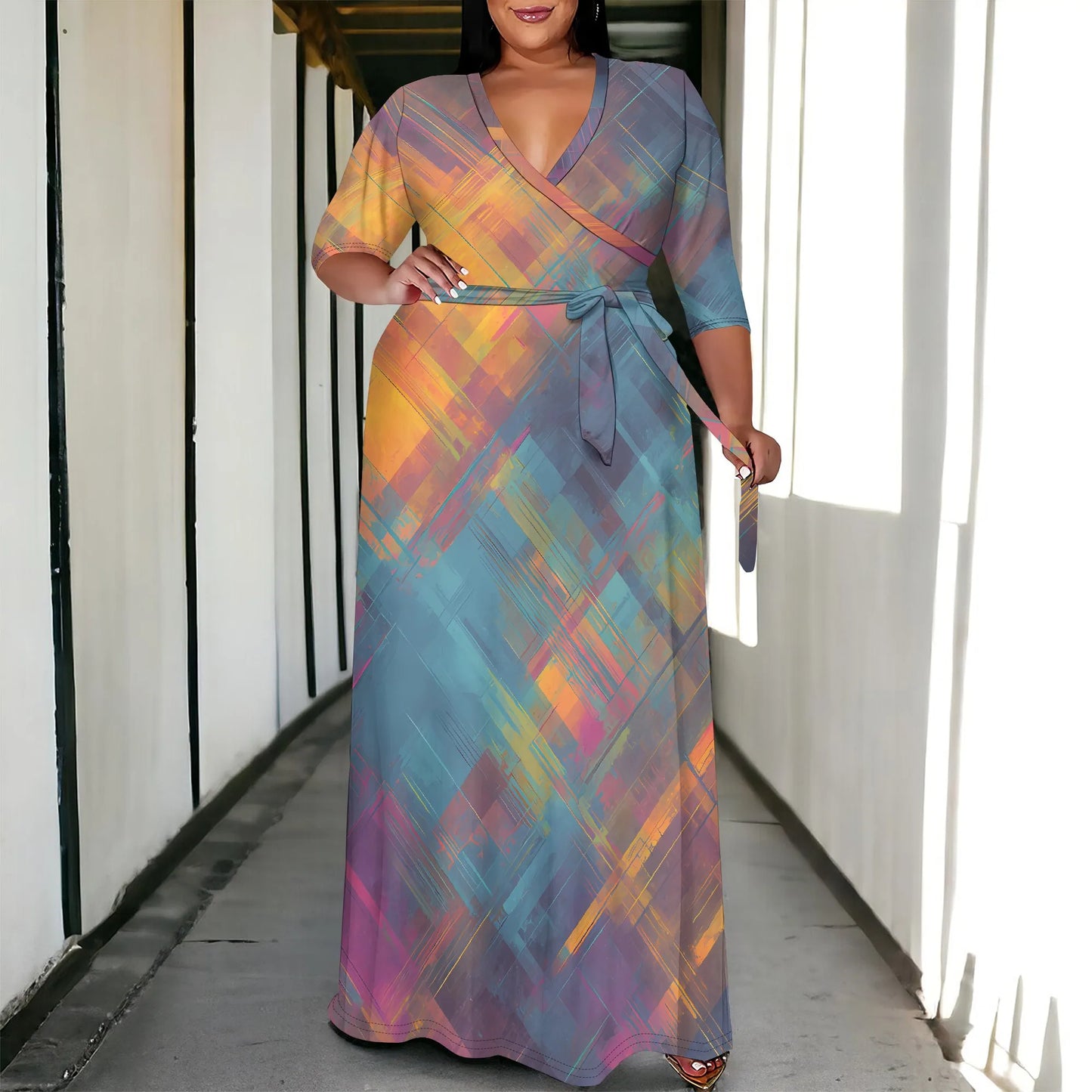Maxy Plus Size Women's 3/4 Sleeve V-Neck Abstract Colorful Print Wrap Maxi Dress Fashion Boho Summer Style