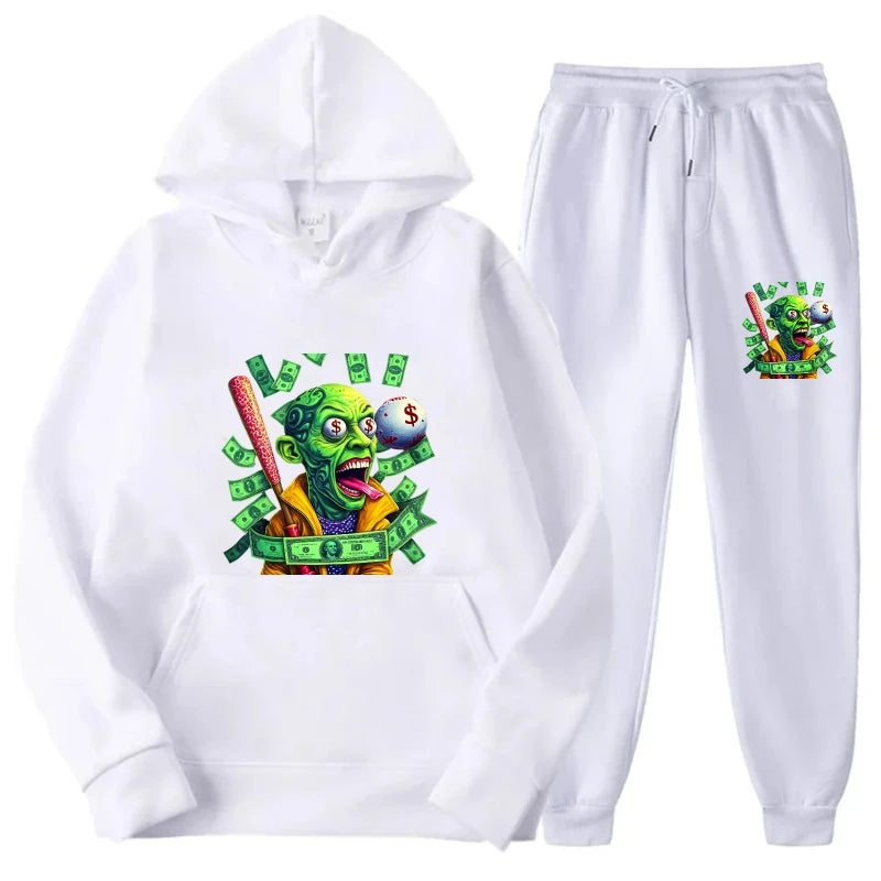 Maxy Hoodie Set White Butterfly Inspire Print Sweatshirt & Pants Tracksuit for Women Gym Yoga Casual Wear