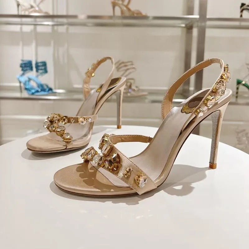 Maxy Dress Shoes Rhinestone Decor Elastic Strap Thin High Heels Sandas Women Snake Shaped Entanglement Sandals Summer Party Shoes