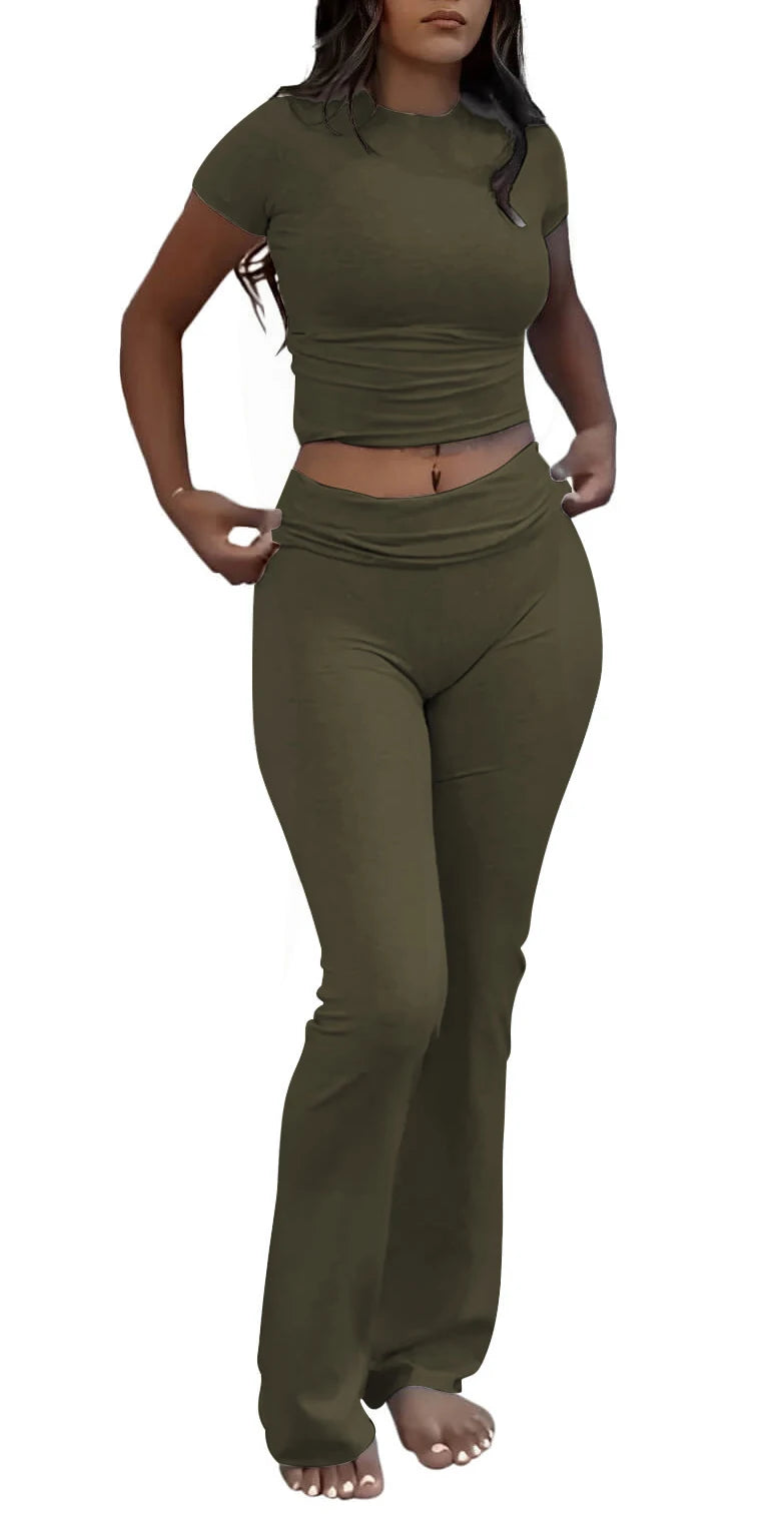 Maxy Casual Workout Two Piece Outfits for Women Short Sleeve Crop High Waist Foldover Flare Pants Tracksuit Sets Streetwear