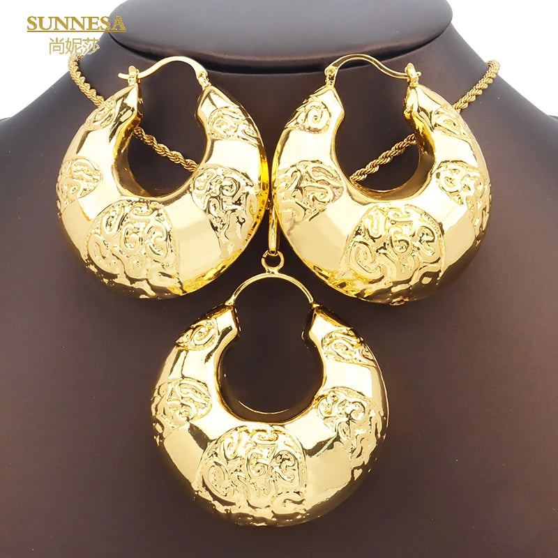 SUNNESA Leaf Shape Big Pendant Necklace Luxury Dubai Jewelry Set for Women Wedding 18k Gold Plated African Drop Earrings