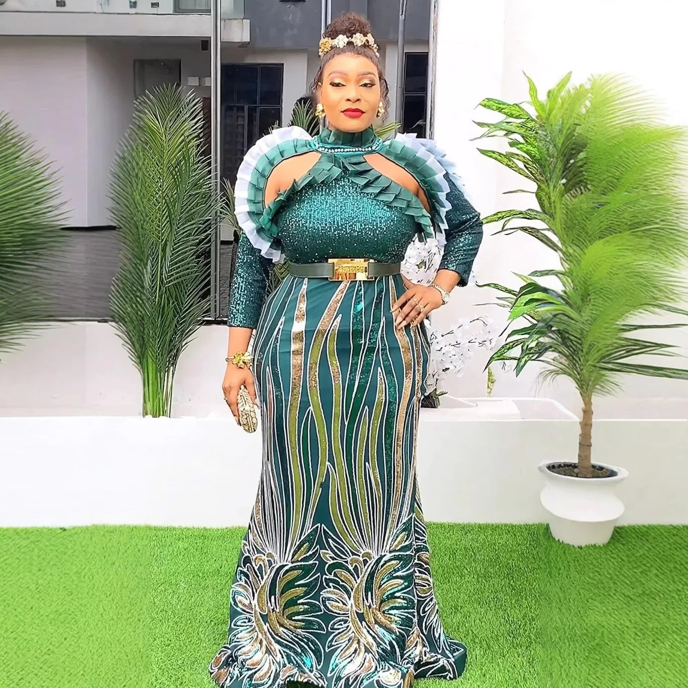Maxy Plus Size Evening Dresses for Women African Luxury Sequin Gown Elegant Turkey Wedding Party Long Dress Ankara Dashiki Kaftan New