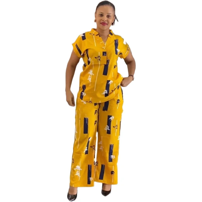 Maxy Pants Set Women Blouse Straight Trousers Two Piece Set Shirt Tracksuit Set Dashiki African Clothes Summer Top Matching Sets