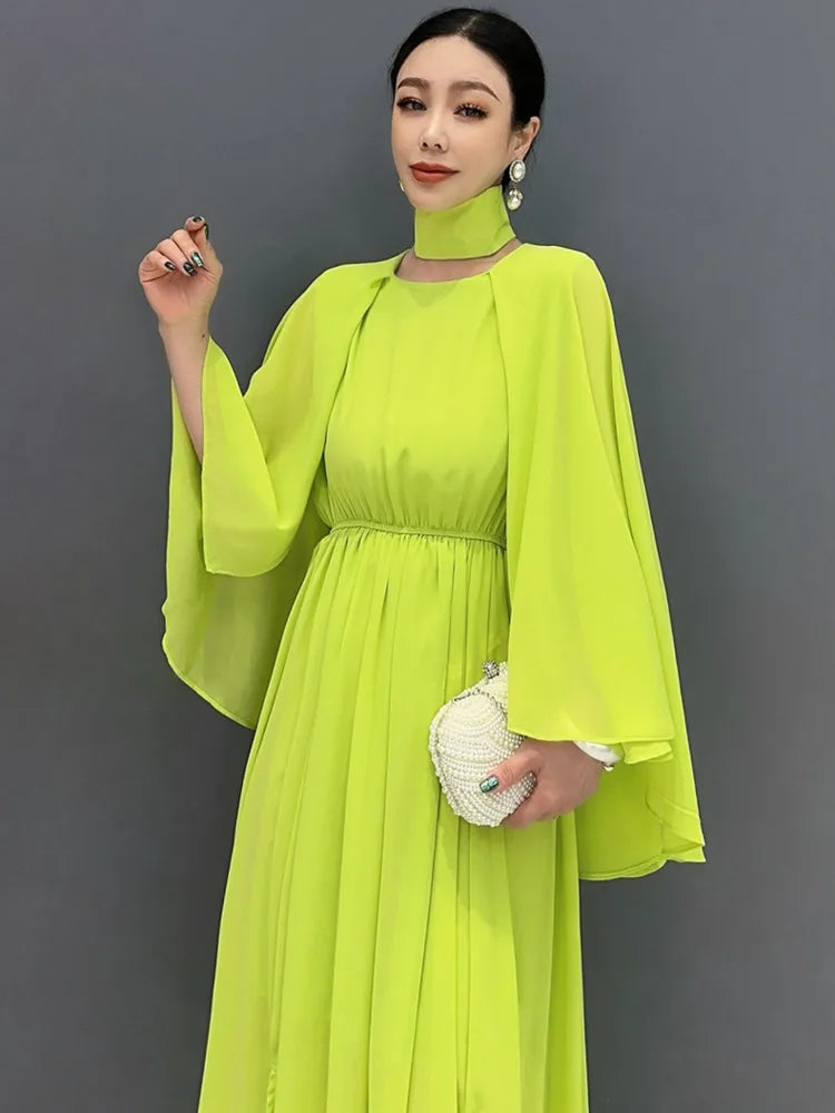 Babs Summer New Flare Sleeves Dress For Women Fashion Slimming Big Swing Chiffon Shawl Long Dresses Female Robe C1094