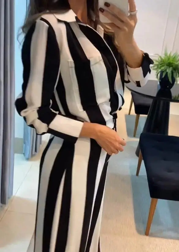 Two Piece Set for Women 2024 Spring Summer Elegant Turn-Down Collar Long Sleeve Striped Pocket Design Shirt & Wide Leg Pants Set