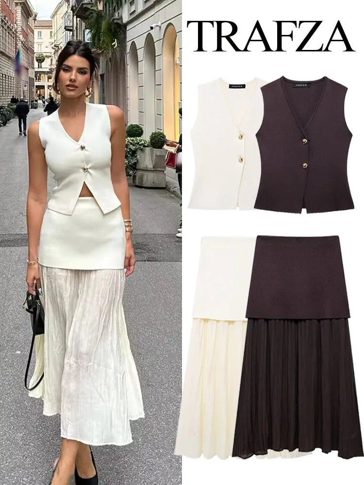 TRAFZA Women 2 Piece Set V-Neck Sleeveless Button Knitted Vest Top+Elegant Splicing High Waist Zipper Long Skirts Holiday Suits