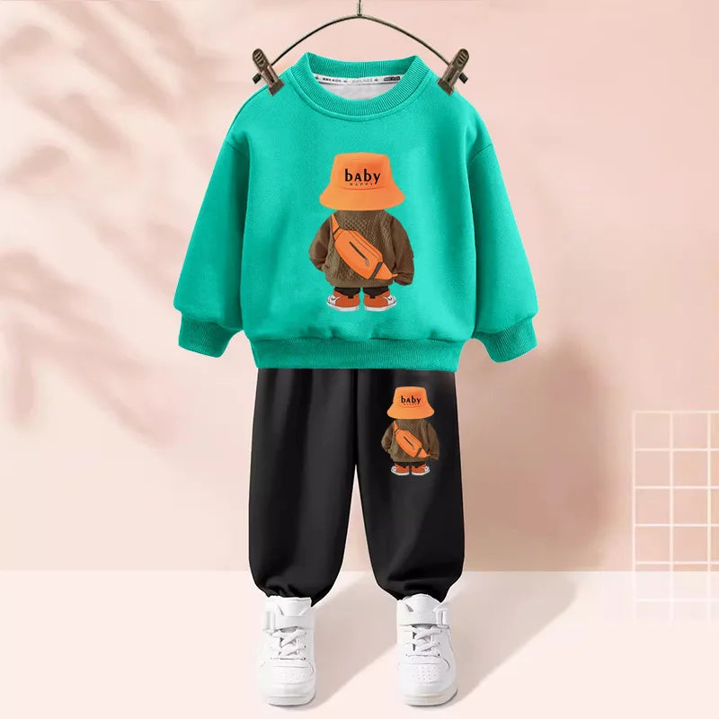 Maxy Autumn Baby Girl Boy Clothes Set Children Sports Cartoon Bear Sweatshirt Top and Pants Two Piece Suit 3-12 Years Kids Tracksuit