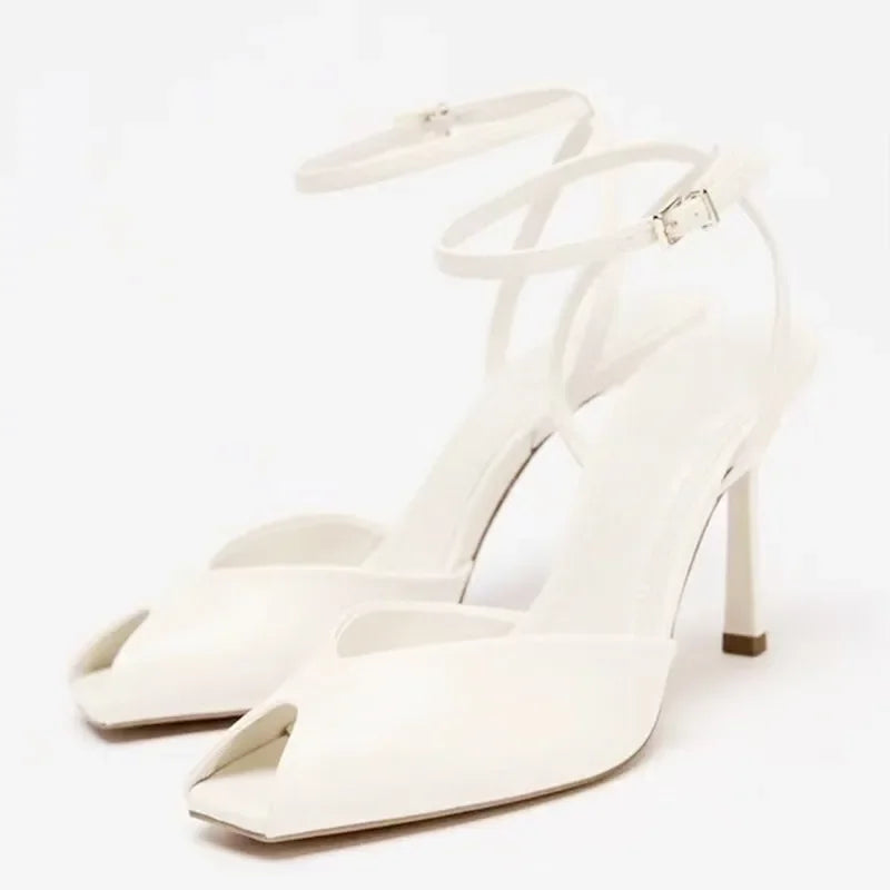 Maxy Comfort Soft Leather Brand High Heel Sandals Women Summer Sexy Open Toe Ankle Buckle Thin Heel Designer Shoes Fashion Dress Shoe