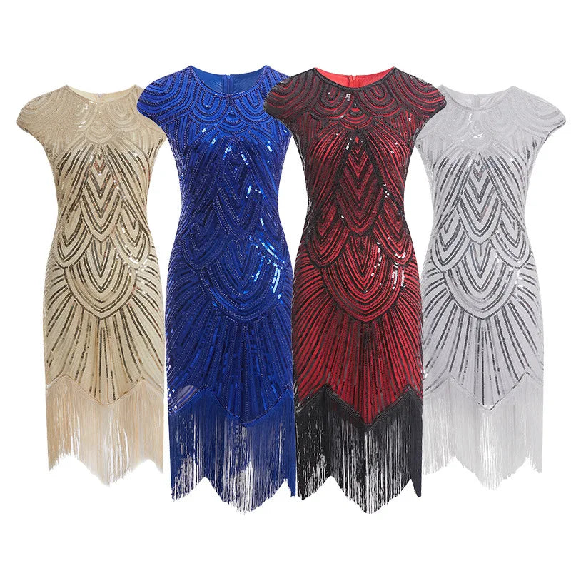 Maxy Vintage Glitter Evening Party Dress For Women Sequin Bead Embroidery Tassel Prom Gown Gala Dress Summer Art Deco Retro Black