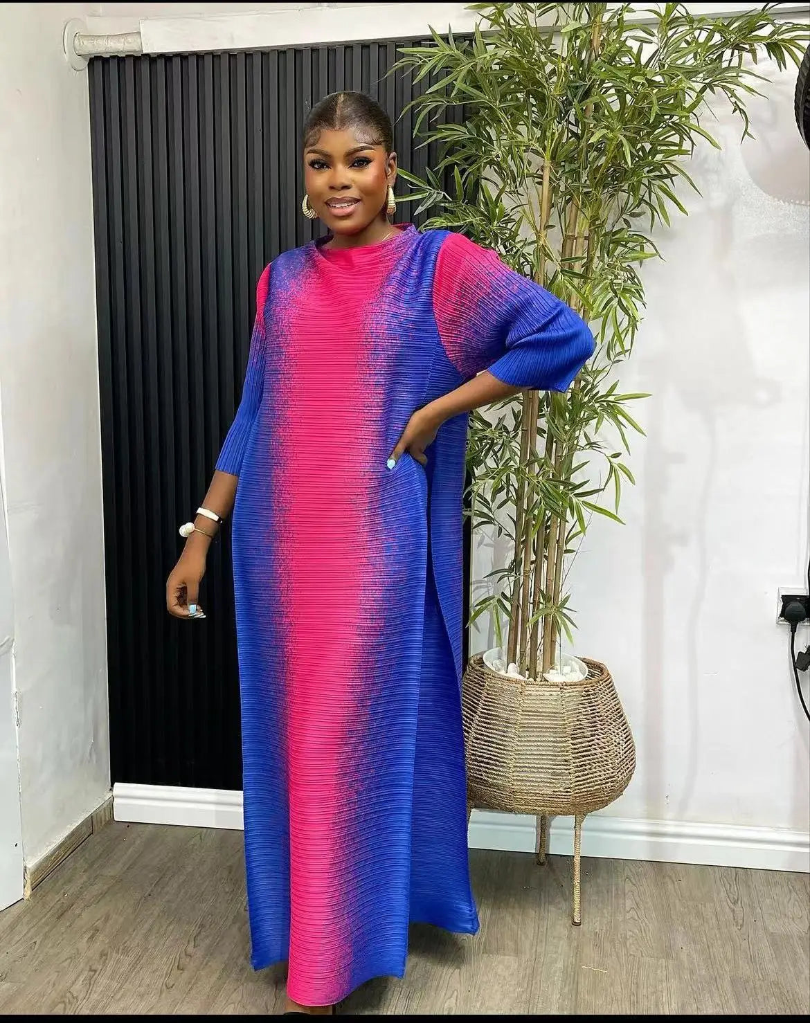 Maxy Pleated Print Contrast Color Women's Dress Spring New O-Neck Long Sleeve Elegant Loose Fit Women's Dress