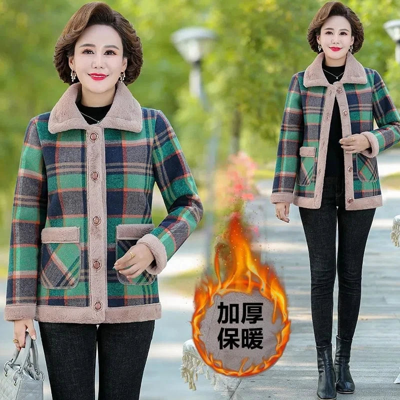 Middle-aged Mother New Cashmere Coat Autumn Winter Thick Warm Plaid Lambswool Jacket Female Add Velvet Parkas